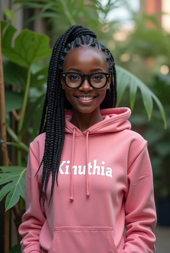 (photorealism:1.2), beautiful black African woman,22 years,sharp boobs, smiling,wearing a fitting pink hoodie written "Kinuthia",long braids, black oversized photo chromatic glasses, standing , realistic intricate details,plants in background.