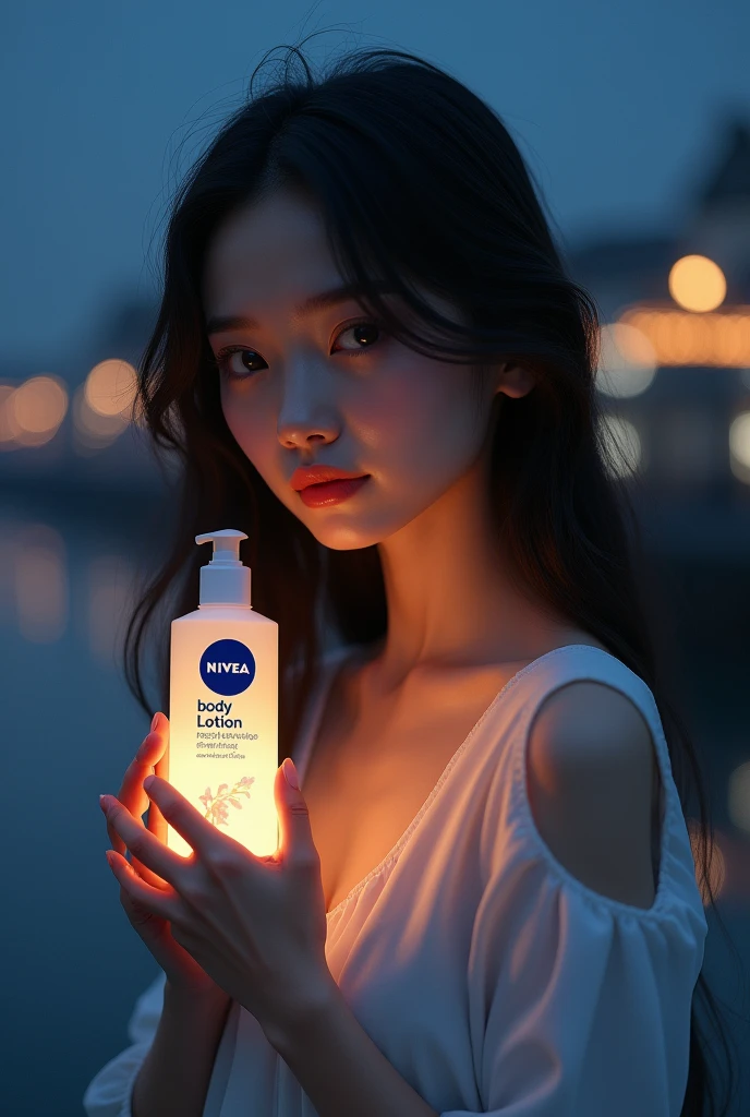 Draw me a beautiful Vietnamese girl holding Nivia body lotion at night