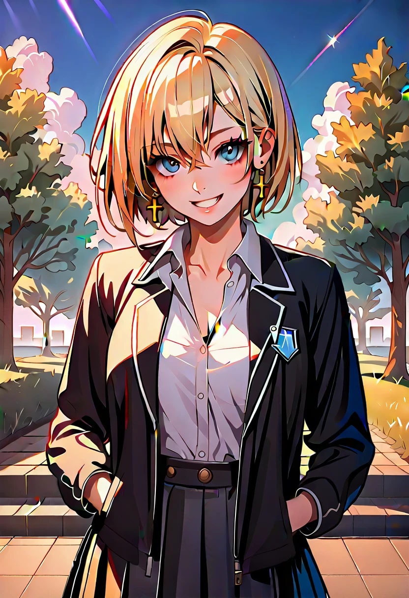 Hands-On-Waist,((full_body_portrait)),sexy,schoolgirl,1girl, blonde_hair, jewelry, earrings, solo, blue_eyes, smile, looking_at_viewer, short_hair, jacket, outdoors, school_uniform, star_earrings, shirt, cross_earrings, collared_shirt,sexy_pose, tree, white_shirt, star_(symbol), bangs, building, grin, BREAK score_9, score_8_up, score_7_up, , source_cartoon, rating_explicit