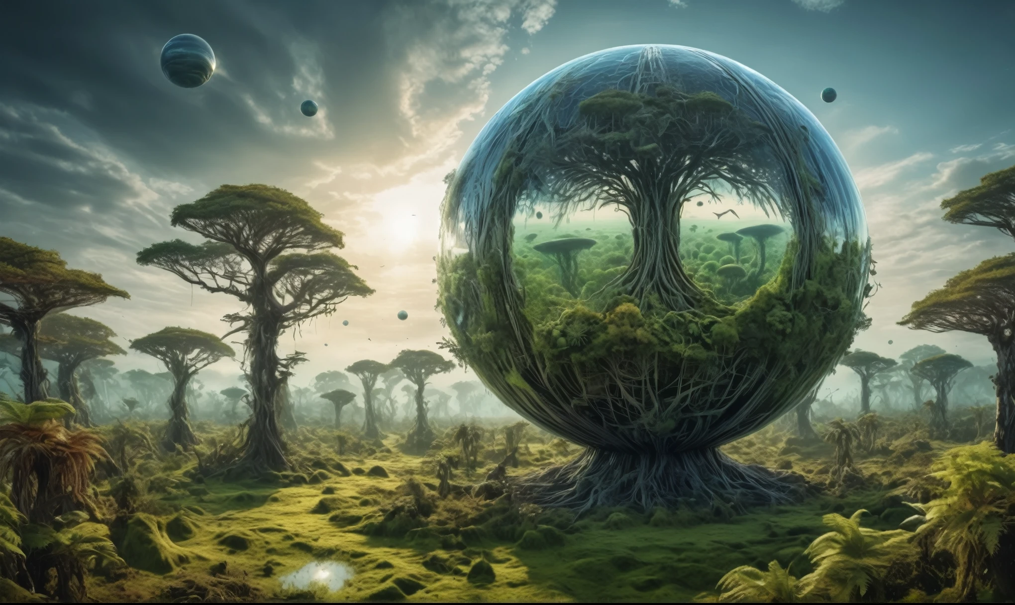 Glass sphere  of a planet with a bunch of trees on it, overgrown planet, green planet, Fractal World, A lush world of fantasy, fantasy planet, Dyson sphere,  planetary landscape, round planet inspired by Jofra Bosschart, planet, Future World, psychedelic  Mysterious World,full body length shot,nerd graphite  Alien Entity,native africa slave ,nowadays azctec central city,Cinematic,soft colors, Technicolor,natural skin textures, hyper realism, hyper detailed,Extremely detailed,High contrast,Masterpiece,Realistic,Ultra Detailed, intricate details,realistic humid leather,extremely intricate details,Epic Realistic, cinematic style, irina yermolova,high contrast,hdr,extremely detailed,  landscape,masterpiece, intricate details, eyes extremely detailed, high detailed eyes,8k resolution,retina, Nikon Z9,Korea,orc,Finland, Pisces, transition between two art styles,full body length, Double contact, X-ray, Creative, vivid light, fantasy, Abstract, Surrealism, super detailed, high resolution,insanity national folk wear,skin  almost translucent, gothic elements, Mestichino,Light particles,chaos,starfish's leather, terror,(fish eyes, calaveras)