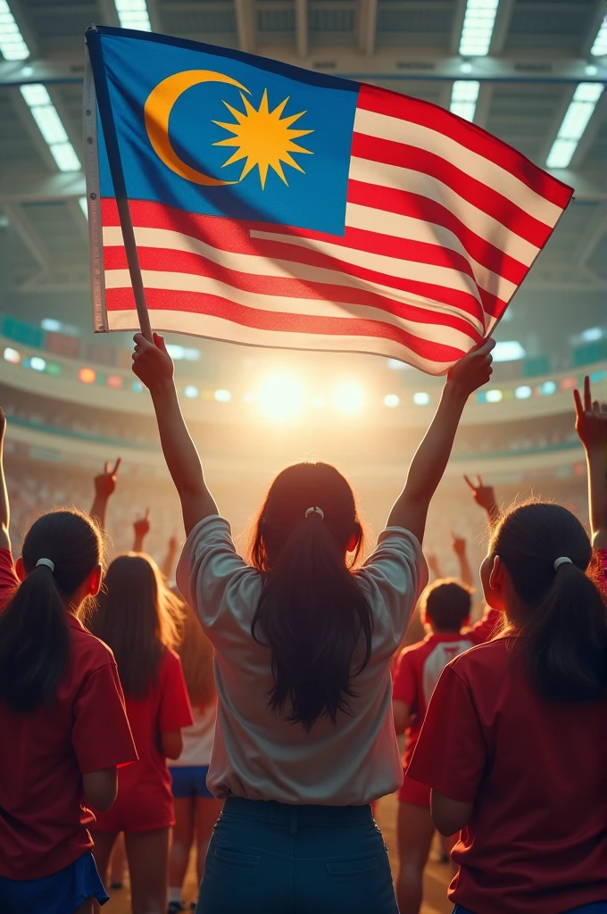 生成一张学生们在体育馆内的Movie照片。Students celebrated the day by waving the Malaysian flag。Movie。Scale 16:9