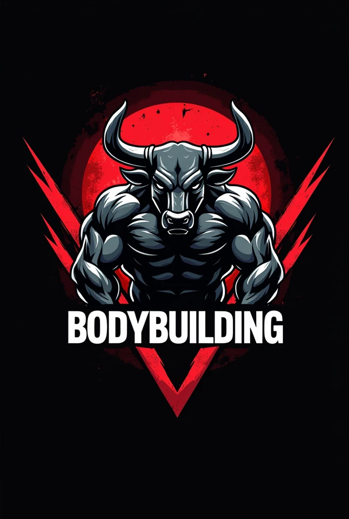 Design a powerful and dynamic logo for a bodybuilding brand featuring a strong, muscular bull as the central figure, symbolizing strength, power, and determination. The bull should have well-defined muscles, with a stance that conveys energy and dominance, embodying the essence of bodybuilding. Use sharp, angular lines to emphasize the bull's muscular build and add a sense of intensity. Incorporate bold, dark tones like black, deep red, or metallic gray to create a fierce and commanding presence. The logo should include the word 'BODYBUILDING' in a bold, modern font that complements the aggressive and energetic vibe of the design.