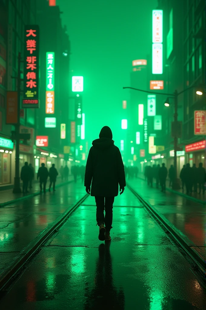 A person in a city like Tokyo and the lights instead of white are neon green 
