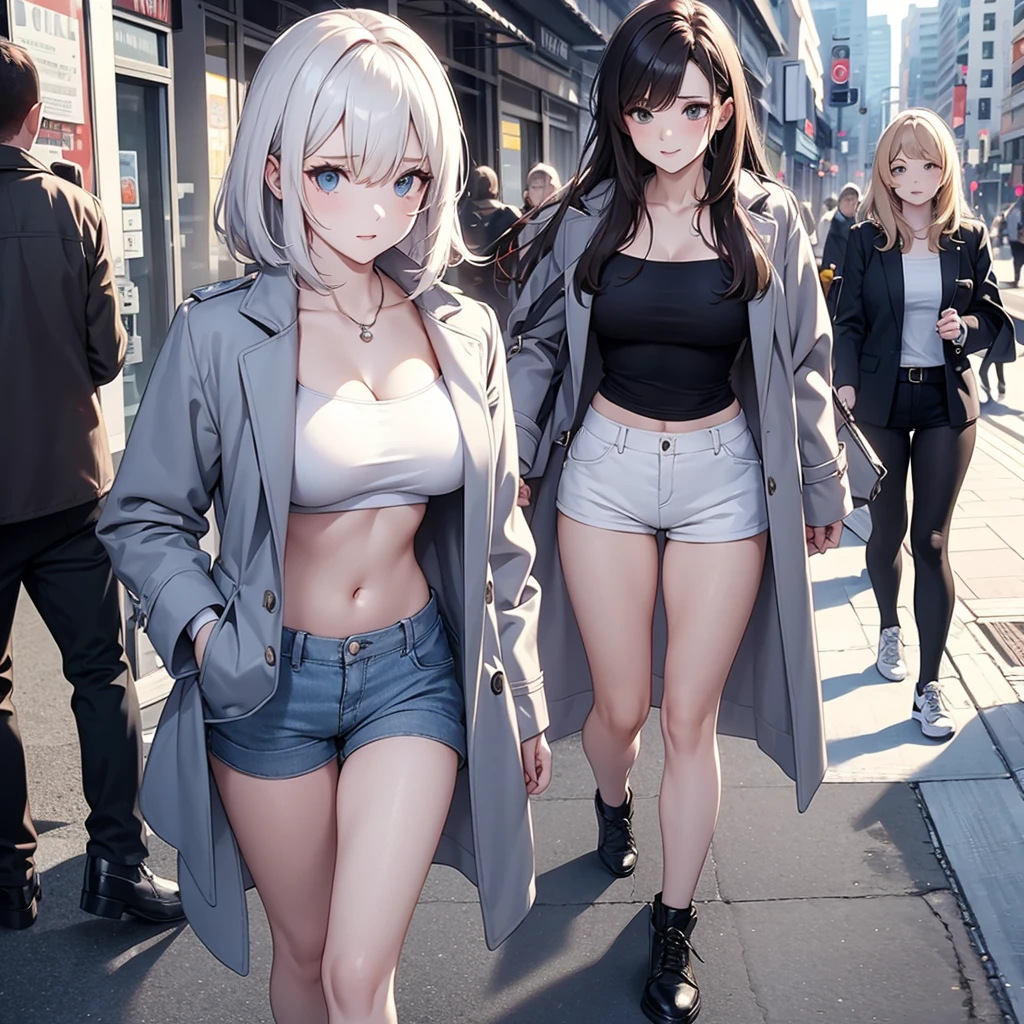 White strapless sports bra,coat,hot pants,On the Street,Large Breasts