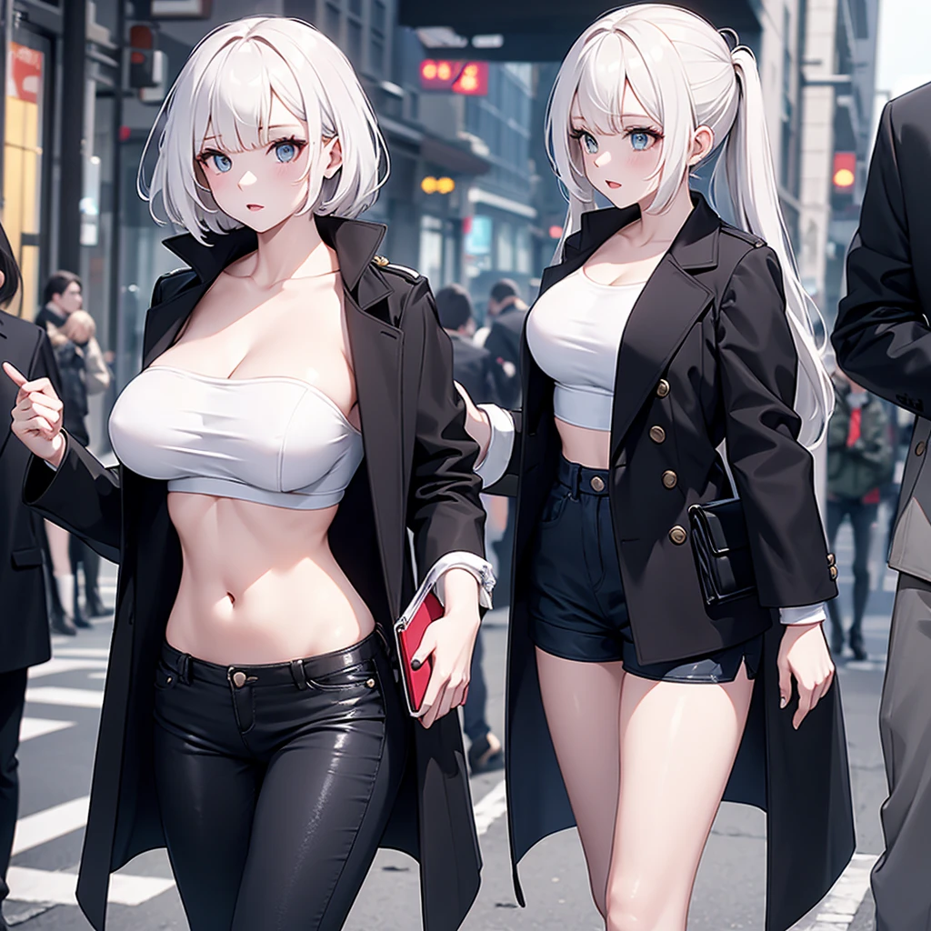 White strapless sports bra，coat，hot pants，On the Street，Large Breasts