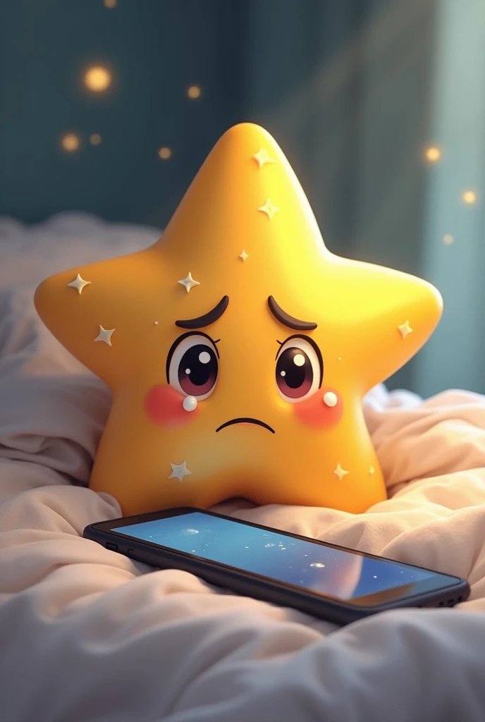 Create a cute star with a crying face looking at the phone lying on the bed