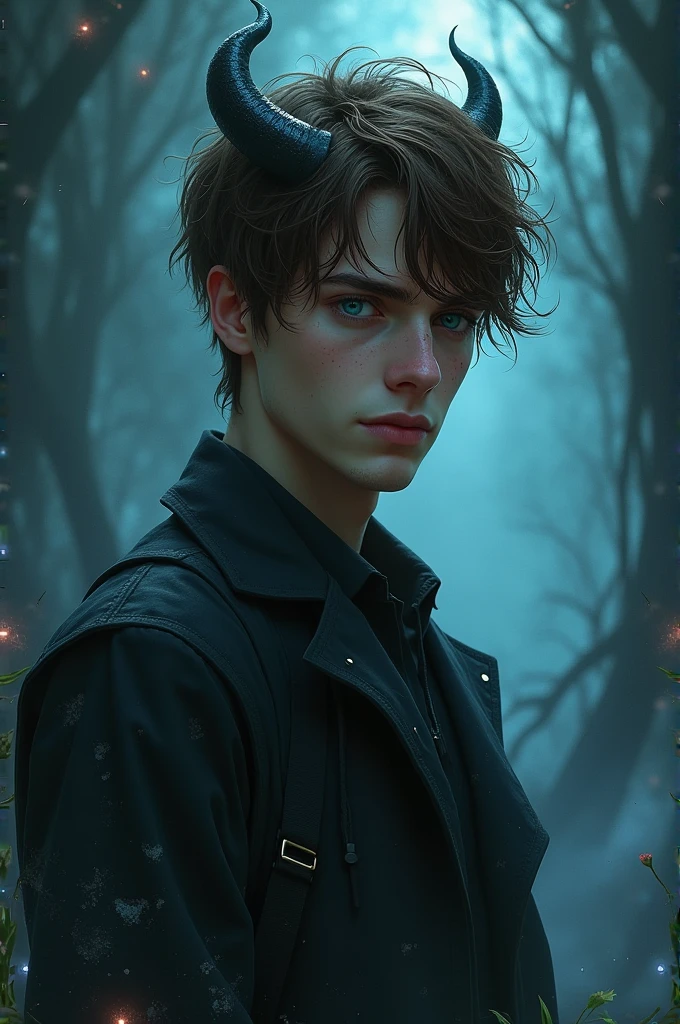 Demon boy with human body with brown hair and blue eyes