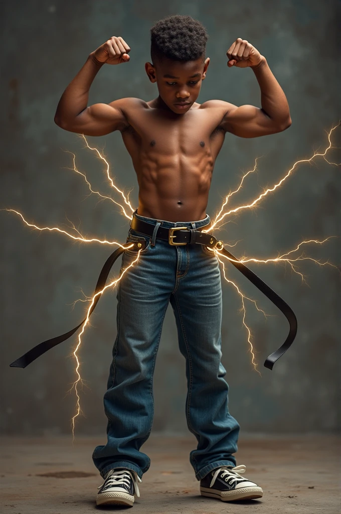 Realistic muscular  African American  boy shirtless tight jeans pulling black leather belt tight around waist tennis shoes flexing muscles lightning bolts shooting from inside belt bucle.