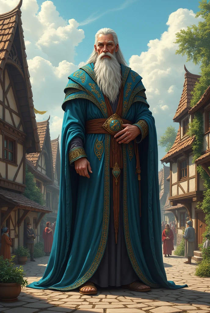 An RPG character, a tall handsome man, in a medieval village dressed as a wizard