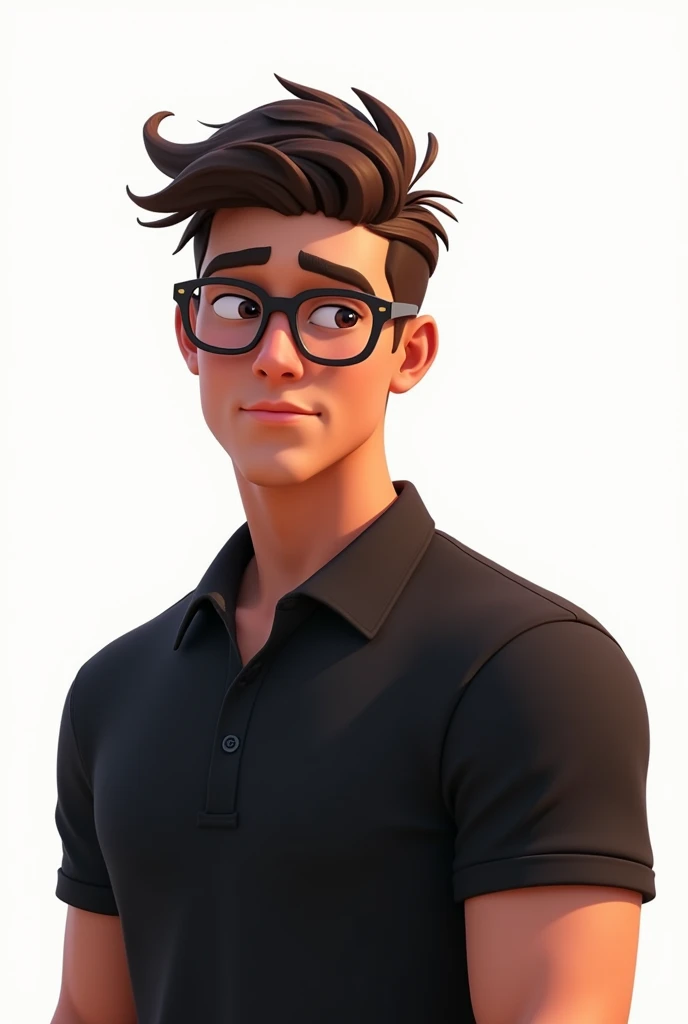 Handsome man, wearing black polo shirt, new cut hair, indoors, white background, wearing glasses, animated, 23 year old