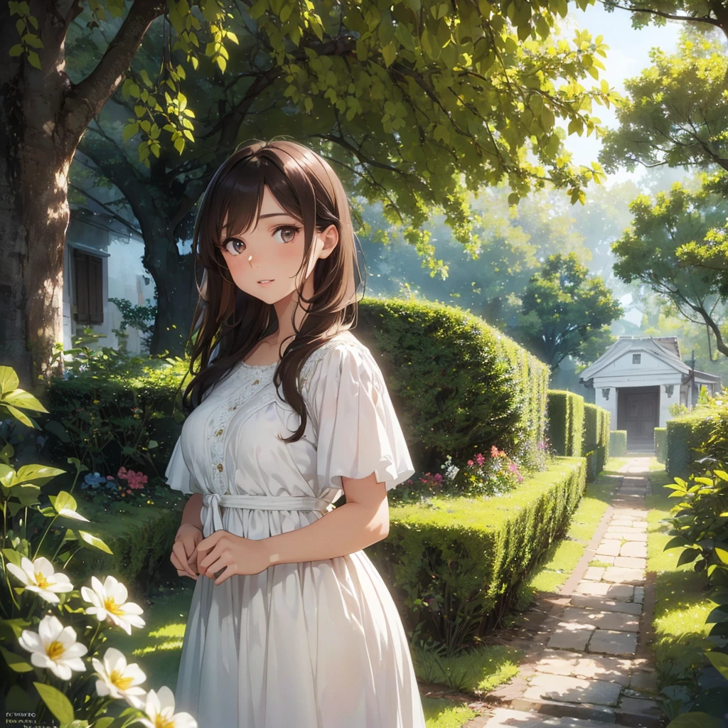 a beautiful young woman with brown hair, detailed eyes and lips, long eyelashes, a gentle expression, wearing a white dress, standing in a lush green garden with flowers, sunlight filtering through the trees, soft warm lighting, detailed intricate background, photorealistic, 8k, high quality, masterpiece