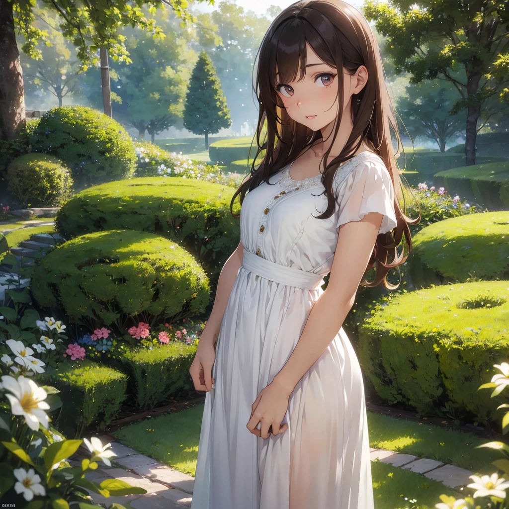 a beautiful young woman with brown hair, detailed eyes and lips, long eyelashes, a gentle expression, wearing a white dress, standing in a lush green garden with flowers, sunlight filtering through the trees, soft warm lighting, detailed intricate background, photorealistic, 8k, high quality, masterpiece