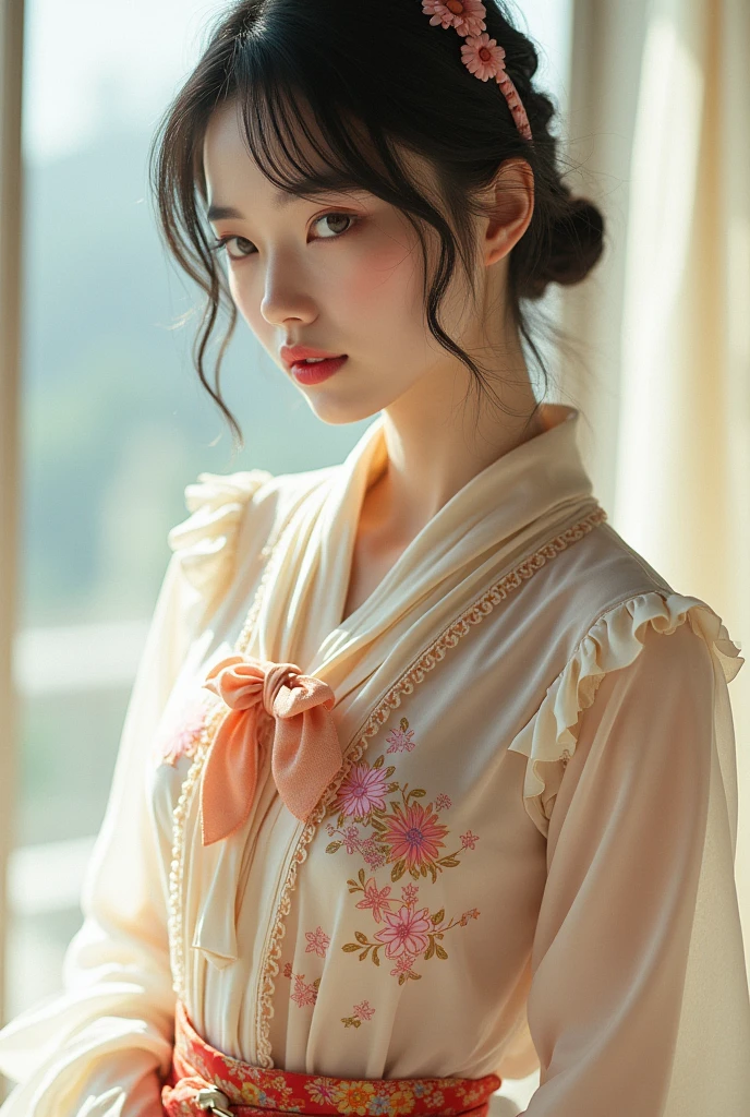 Create an image of a blouse with the print with a bow written nekutai