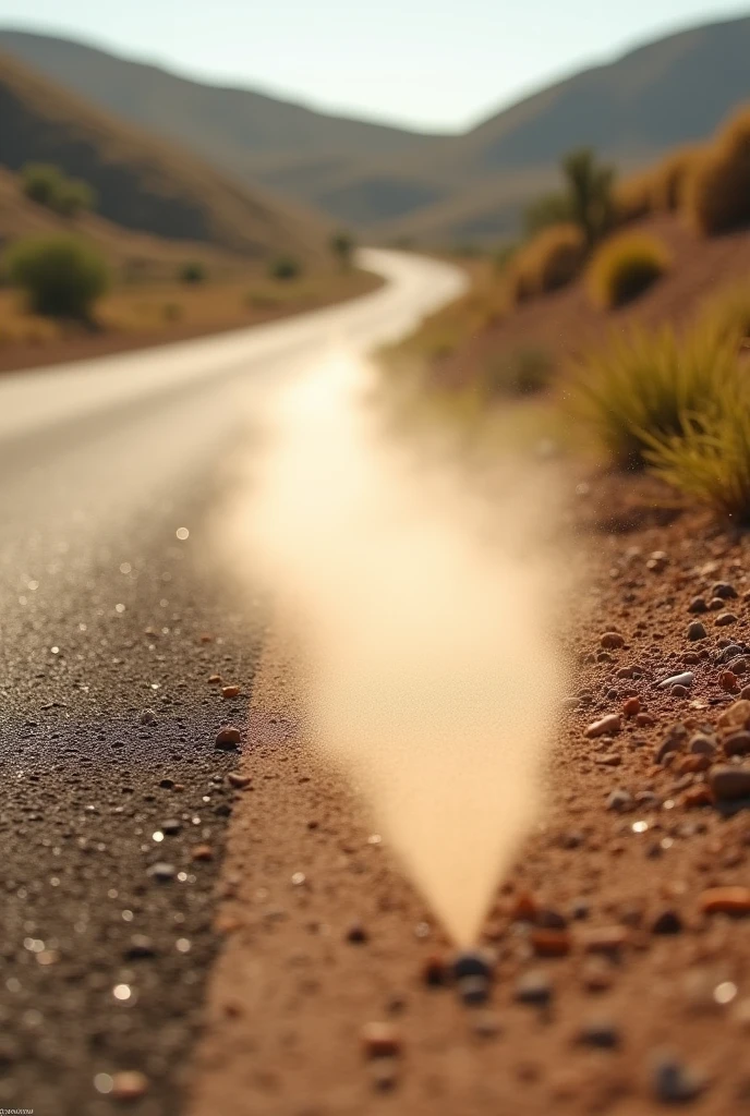 replace this water with a powder released by an irrigator, on the side of a road

