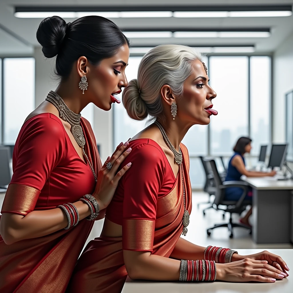 in luxerius office items sorrounded bright lighted modern indian office,A 60 years old eldery indian lady and three 40 years old mature indian ladies,total 4 ladies involving and licking their hairs of each others wildly,First 40 years old mature indian lady turned away 60 years old indian eldery lady on top of the table and grabbing and squeezing her butt tightly to rape her,second 40 years old mature indian lady nend over and licking 60 years old lady' hair bun with her tongue,Third 40 years old mature indian lady bend over and comes down for the purpose of lick head scalp with her tongue,these four ladies are with dress in as per image prompt,all four of them,with their hairs respectively colors for the marure ladies and eldery lady hairs in as per image prompt,their long,meticulaiursly bun hairs shining since wax pasted,red lipsstick,natural tongues pulled out,licking the eldery lady' hair by matures with bun like she is being raped excat in image,These all four ladies' faces are with showing full of sexual wildness showing out from their faces exact as in image prompt,Their eyes are fullfill with sexual wildness with raping hair bun as per the imahe prompt,(Show me their tongues,long tongues:1.0) styled with 100000 liters hair oil,hairs like viscus oiled pulp,slick combed hair lines highly visible,{{{{Ladies wears perfect dresses in perfectt busty}}}},{{{{{NSFW}}}}},{{{{{{Hairs highly soaked}}}}}},{{{Hairs Drenched in water}}}}},{{{slick combed hair lines}}}},{{{{Hairlines reflecting shinning like mirrors with water}},{{{{{Showcase full bodies perfect figures}}}}},{{{{{High resolution perfecr color grading}}}}}},{{{Perfect hair buns on all four ladies exactly in image prompt}}}}}}},((((((Generate ethnicity as indian sexy build ladies))))))),((((((Generate wildness poses where shows the wildness maturity of the sexually wildness and extremly extremly wildness in to hair licking by their tongues exatly as image prompt if someone sees this should get errected)))),