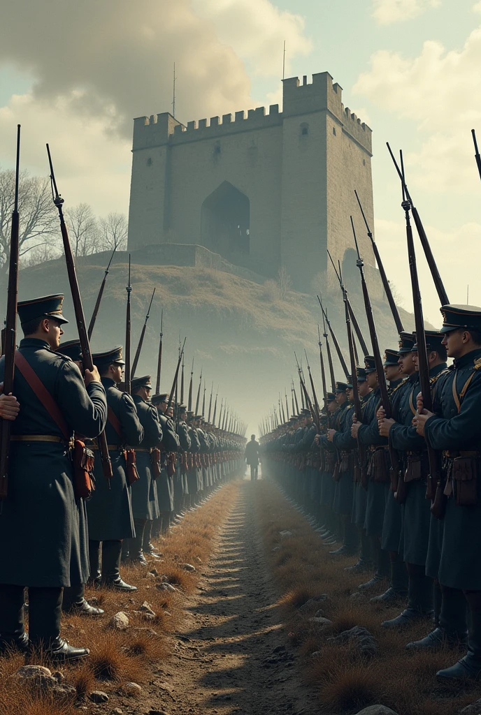 French and German soldiers face off on a battlefield, with the fortress of Verdun in the background.