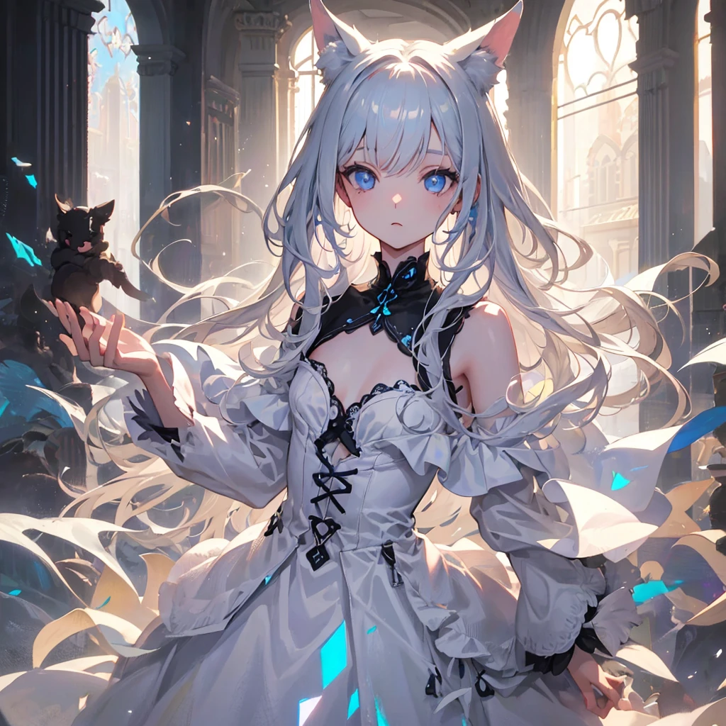 silver hair, dog ears, white dress,wavy hair,delicate features quiet gaze,beautiful half body illustration,beautiful backgraund,atmospheric lighting,sharp focus,vlumetric lighting,cute face,reduce saturation,fine detailed face,small nose and mouth,volumetric top lighting,bold line painting, soft shadow,((masterpiece, best quality)), (1girl), (solo), (female focus),small breasts,flat tits,Lolita,short height,skinny girl,blue eyes,open legs,animal ears,
