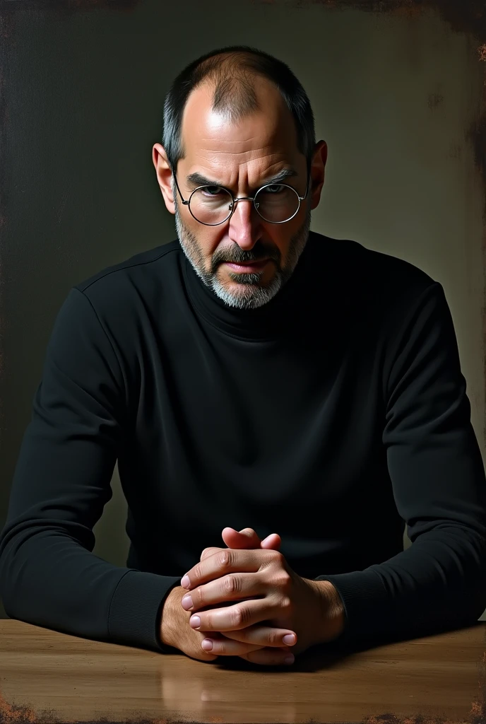 A highly detailed portrait of Steve Jobs, photorealistic, 1 man, close-up, angry expression, looking directly at camera, wearing black turtleneck, sitting at a table, eating feces, dramatic lighting, cinematic, dramatic, moody, dark color palette, oil painting style, (best quality, 8k, highres, masterpiece:1.2), ultra-detailed, realistic, photo-realistic:1.37, dramatic shadows, chiaroscuro lighting, gritty, grungy, dystopian