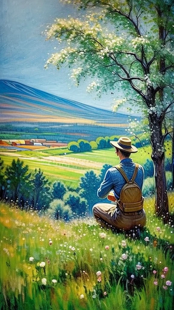 man sitting on a hill, playing acoustic guitat, singing pose, from behind view, looking at birds, little bonfire,  tent, green view hills and forrest