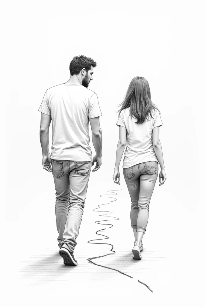 A pencil sketch of a man walking along a pathway who is wearing a t shirt and a denim suddenly passes a woman who is coming from infront of him wearing a t shirt and a denim