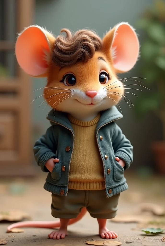 A brunette mouse with curly hair and cute face with cute boy cloth and standing in style , taking a realistic photo