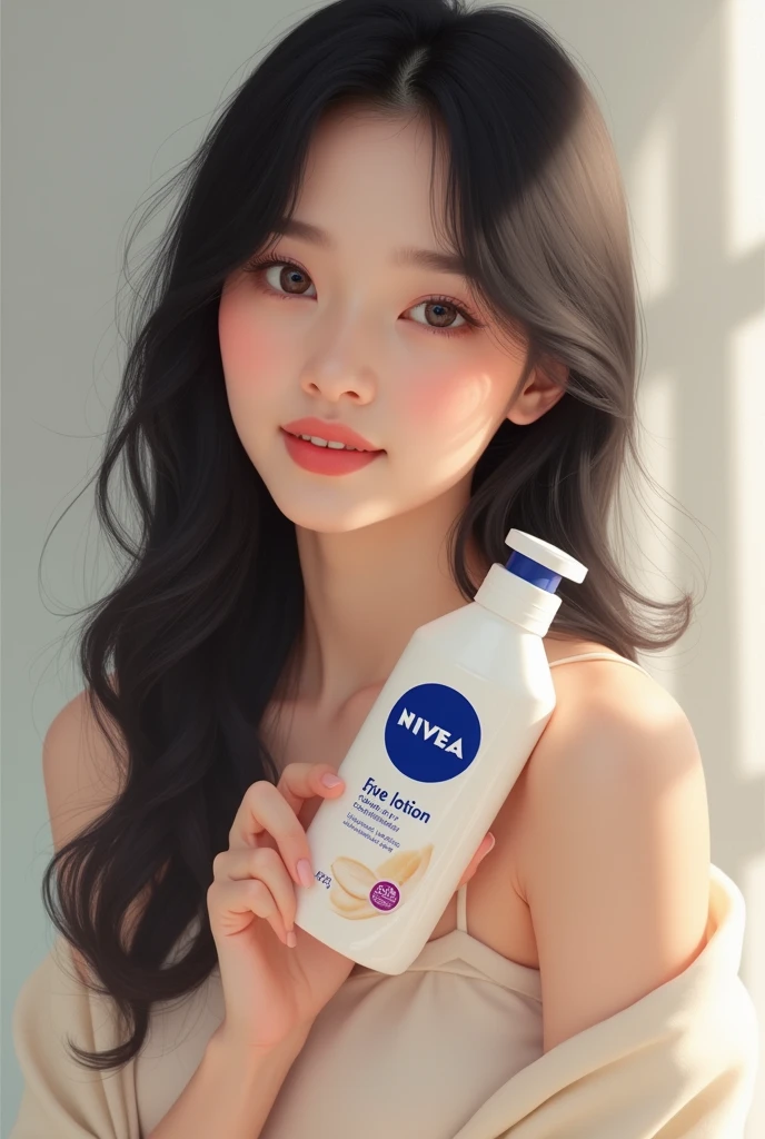 Draw me a beautiful Vietnamese girl holding Nivia body lotion