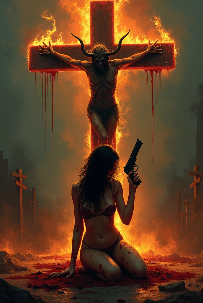 an album art cover for a deathcore, metalcore band. There is a beautiful model kneeling on the ground almost beaten to death, bloody and bruised, she has a gun pointed to her own head, she is kneeling before a large cross, there is a demon handing on the cross. The cross is on fire. At the top of the image text reads “”HopesHeart”. At the bottom of the image text reads “Broken Chromosomes”.