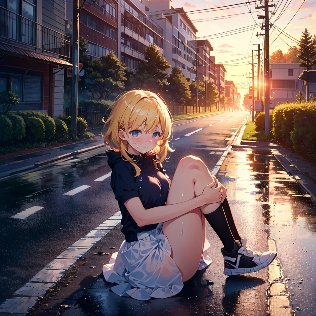 {{{Masterpiece, highest quality, high-resolution background}}}, bright and beautiful atmosphere, 1 girl (, round face, ), small breasts, girl falling on the road, half-crying expression, leg exercise sitting , "deltamon_sdXL :0.73)>Deltamon