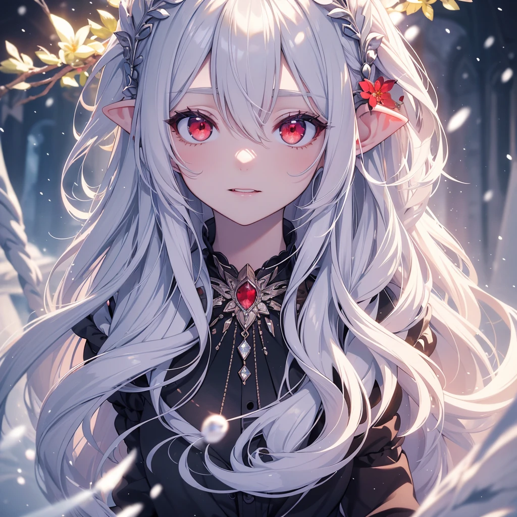 {{masterpiece}},best quality,Very detailed,Extremely detailed CG unity 8k wallpaper,illustration, 1 Girl, Red Eyes, Wavy silver hair, Pointed ears, vampire, skirt, necklace, Flowering, snow, ice, whole body, shooting,High close-up, Very detailed,Center frame,Clear focus, Looking at the audience, Flowing hair,