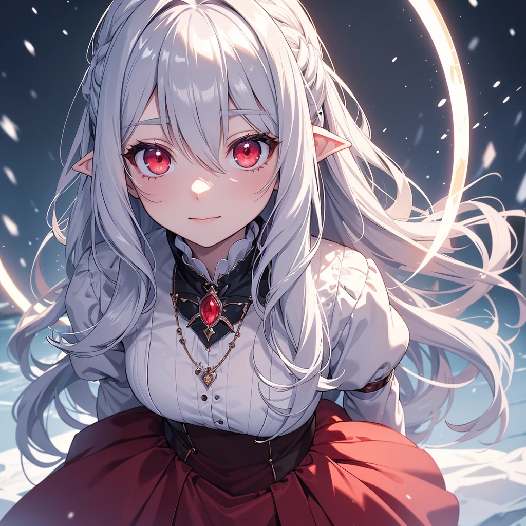 {{masterpiece}},best quality,Very detailed,Extremely detailed CG unity 8k wallpaper,illustration, 1 Girl, Red Eyes, Wavy silver hair, Pointed ears, vampire, skirt, necklace, Flowering, snow, ice, whole body, shooting,High close-up, Very detailed,Center frame,Clear focus, Looking at the audience, Flowing hair,