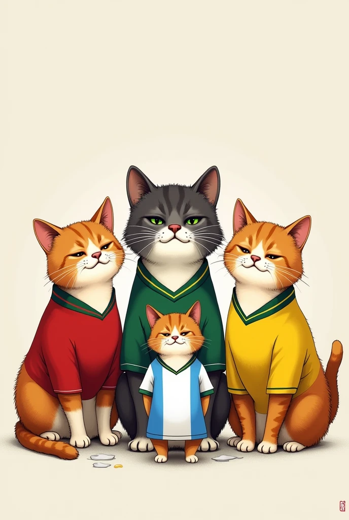 An image of a cat wearing a Mexico shirt, One with the Chilean shirt and one with the Brazilian one, The 3 cats crying and in front another happy cat with the Argentina t-shirt