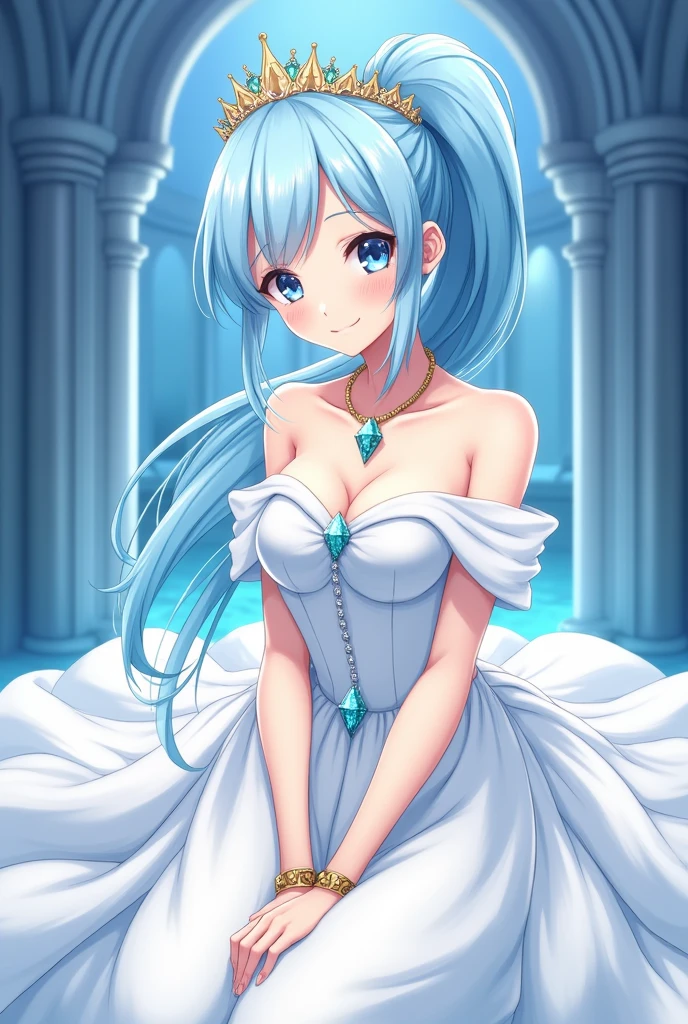 An anime-style medium shot of a hot cute girl with a long ponytail and light blue hair. She is wearing a white princess sleeve dress with a shoulderless top. She has a diamond crown on her head and a diamond necklace around her neck. She is also wearing a golden bracelet on her wrist. The girl is sitting in a bed in a castle. The background is blue. Full skirt white colour