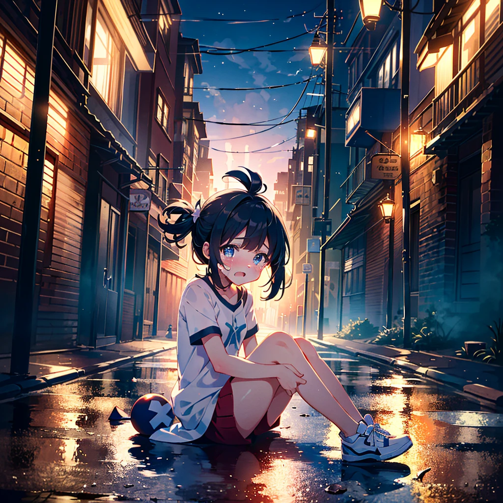 {{{Masterpiece, highest quality, high-resolution background}}}, bright and beautiful atmosphere, 1 girl (, round face, baby face), small breasts, girl falling on the road, half-crying expression, leg exercise sitting , "deltamon_sdXL :0.73)>Deltamon