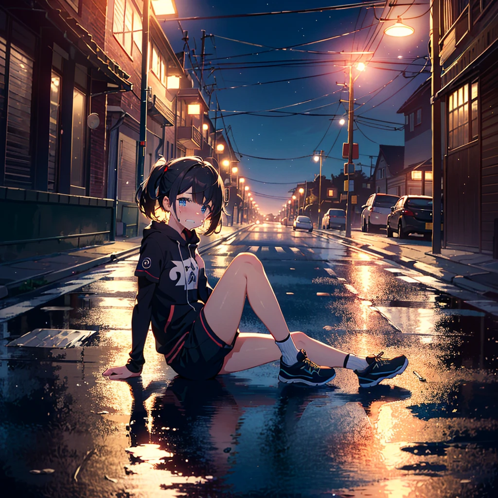 {{{Masterpiece, highest quality, high-resolution background}}}, bright and beautiful atmosphere, 1 girl (, round face, baby face), small breasts, girl falling on the road, half-crying expression, leg exercise sitting , "deltamon_sdXL :0.73)>Deltamon