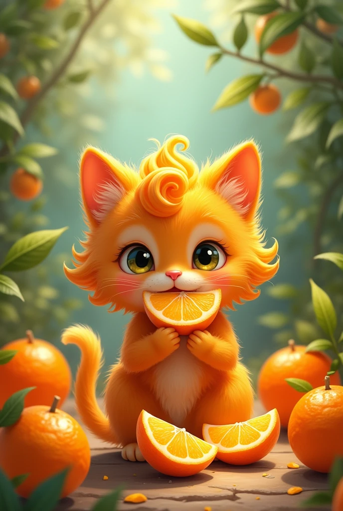 Tiny orange cat with lots of curls in its fur eating oranges