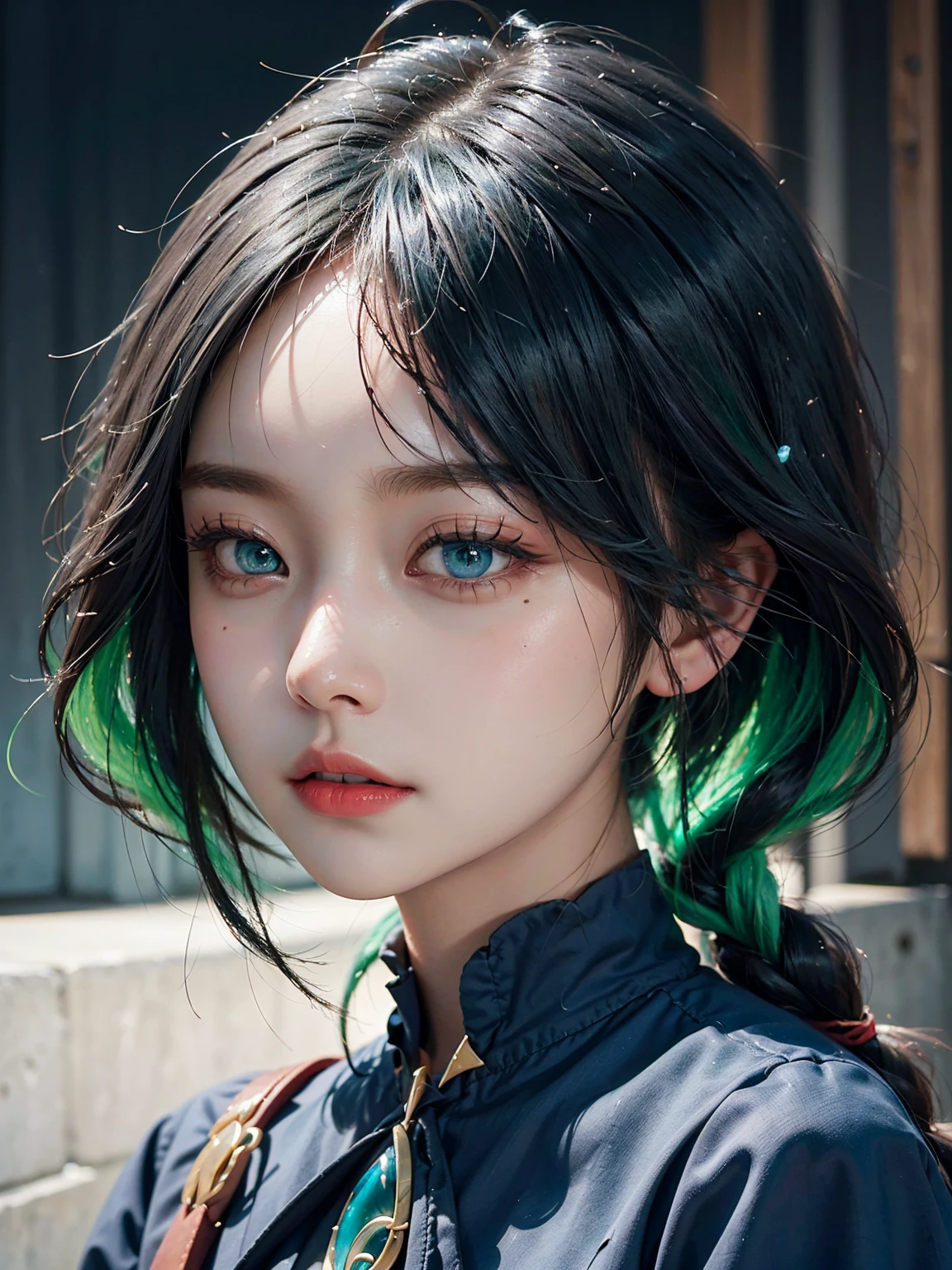 anime, hda, a close up of a woman with ((red braided low ponytail hair)) and (((the most beautiful green eyes))) in (((blue outfit))), (((determined)), 8k, Unreal Engine 5, octane render, by kyun, gamang, Yoon Gon-Ji, g.ho, gosonjak, shuroop, serious, domi, noah, trending on pixiv, fanbox, skeb, masterpiece, detailed face, smooth soft skin, big dreamy eyes, beautiful intricate colored hair, symmetrical, anime wide eyes, soft lighting, concept art, digital painting, 