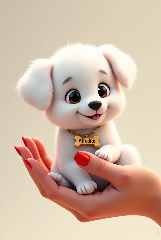 Create an image in the form of an animation, of a white puppy dog, with a bone necklace with the name Alfredito, the little dog lying on a hand with red painted nails