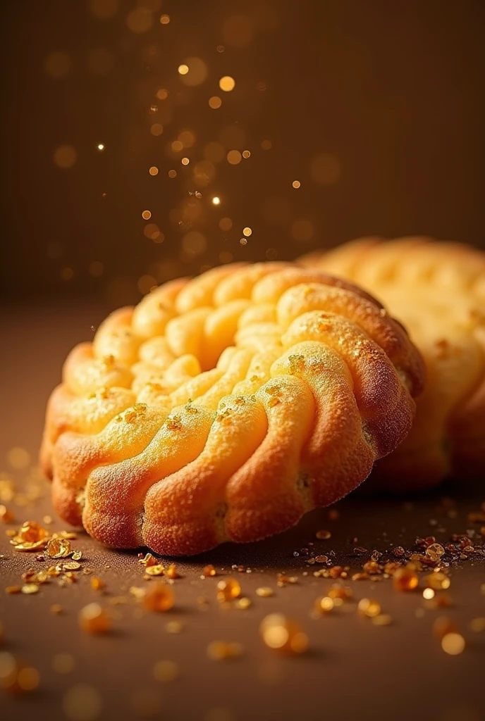  a golden cookie with sparkles, symbolizing the quality and special touch that our cookies bring to our customers&#39; moments. The predominant colors would be golden and brown tones., that evoke warmth and flavor.
that says with a typography that is attractive to the public special cookies