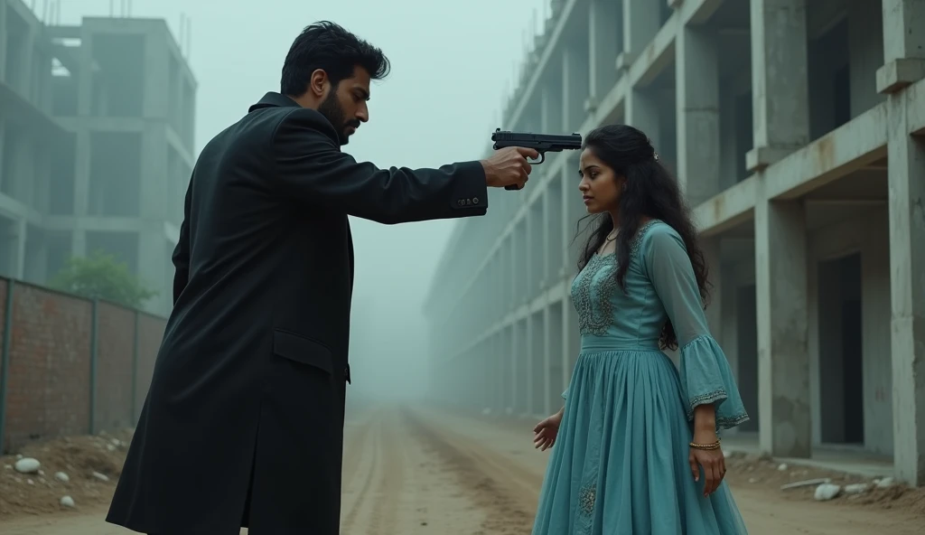 Outside a building under construction, there is a 25 year old Indian boy named Dani, he is wearing black jeans and black overcoat, he has caught a girl from behind and has put a gun on her head, that girl is a 24 year old beautiful Indian girl whose name is Shreyaa, she is wearing a sky blue frock and she is scared. 