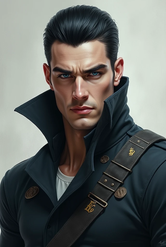 Create a realistic image of a man named Cyrus Voss Grimhart. He has an imposing and majestic appearance. His skin is fair and he has black hair, perfectly trimmed. Your eyes are an icy blue, penetrating and charged with a dominant coldness. Cyrus has a tall, athletic build., with a presence that exudes power and authority. 