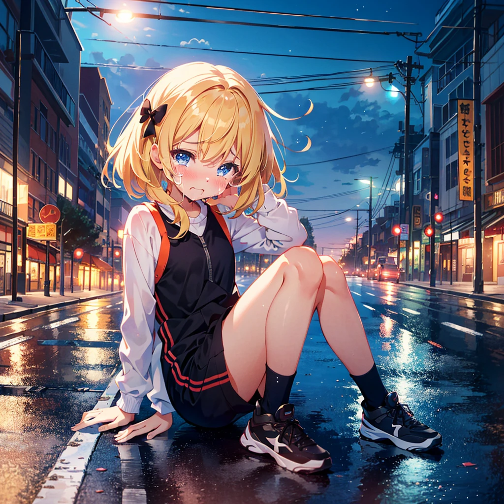 {{{Masterpiece, highest quality, high-resolution background}}}, bright and beautiful atmosphere, 1 girl (, round face, baby face), small breasts, girl falling on the road, half-crying expression, leg exercise sitting , "deltamon_sdXL :0.73)>Deltamon