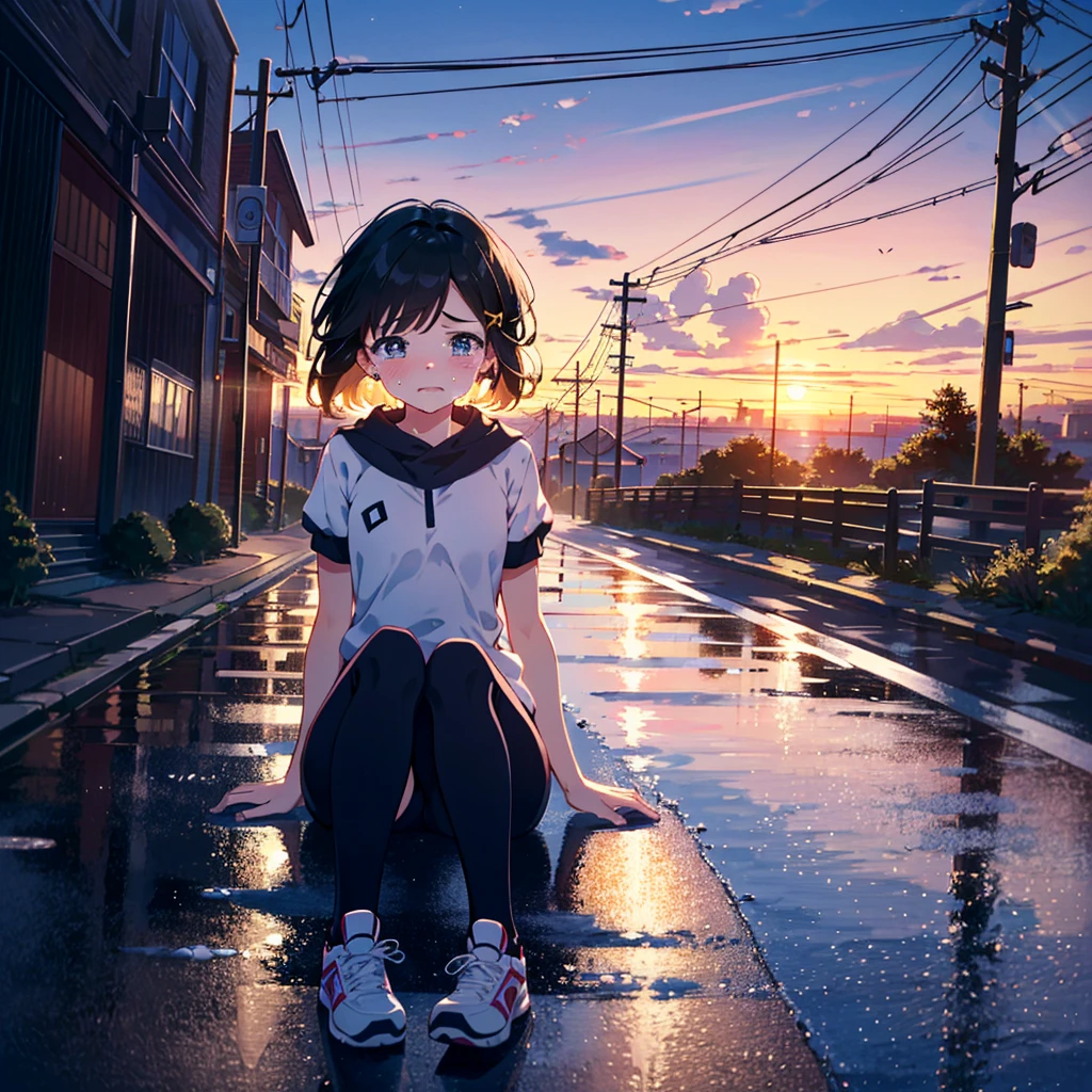 {{{Masterpiece, highest quality, high-resolution background}}}, bright and beautiful atmosphere, 1 girl (, round face, baby face), small breasts, girl falling on the road, half-crying expression, leg exercise sitting , "deltamon_sdXL :0.73)>Deltamon