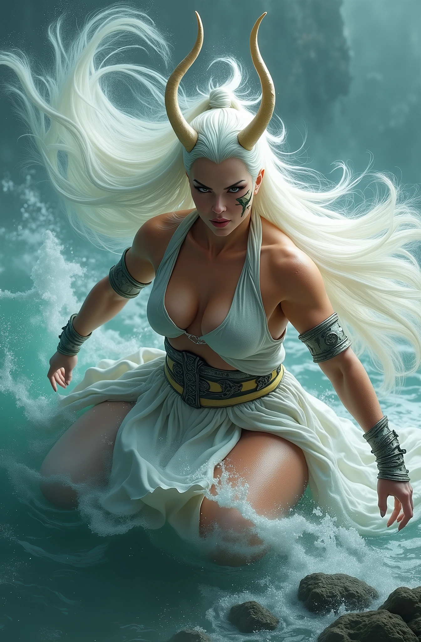 Numerous award-winning masterpiece, with incredible detail, textures and maximum detail), (hyper realistic:1.4), (full-body image:1.6),(beautiful female oni warrior:1.7),( sitting in seiza pose:1.7) (thick curvy and mature body yet muscular:1.5), (reddish fair skin tone:1.3), (wearing off shoulders kimono1.2), (2 long oni horns:1.44),(pointy ears)(white long hair blown by the wind:1.2) (wind effect) (best quality real texture skin), (finely detailed true circle eyes), (finely Detailed and beautiful face that is out of this world:1.6), (The challenging look of the proud warrior), (She has serious gaze in her eyes and a grin on her face:1.3), (Beautiful eyes that sparkle and shine), (Dramatic Light),(A majestic sight), (((dramatic photo))),(Sunny), ((dramatic pose)), (flamboyant photo), (golden hair), epic realistic, faded, art, (art station:1.5), cinematic, ((neutral colors)), (hdr:1.5), (muted colors:1.2), hyper detailed, dramatic light, (intricate details:1.1), complex background,