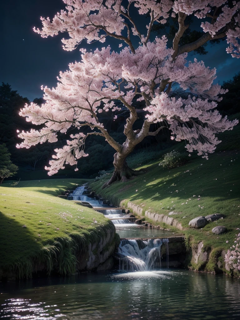 intricate cherry blossom tree,full moon,ancient castle,crystal lake,waterfall,detailed petals,(best quality,4k,8k,highres,masterpiece:1.2),ultra-detailed,(realistic,photorealistic,photo-realistic:1.37),fantasy landscape,lush foliage,dramatic lighting,vibrant colors