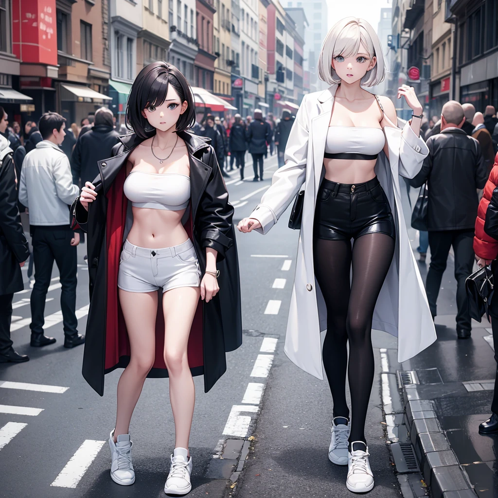 White strapless sports bra,coat,hot pants,On the Street,Large Breasts