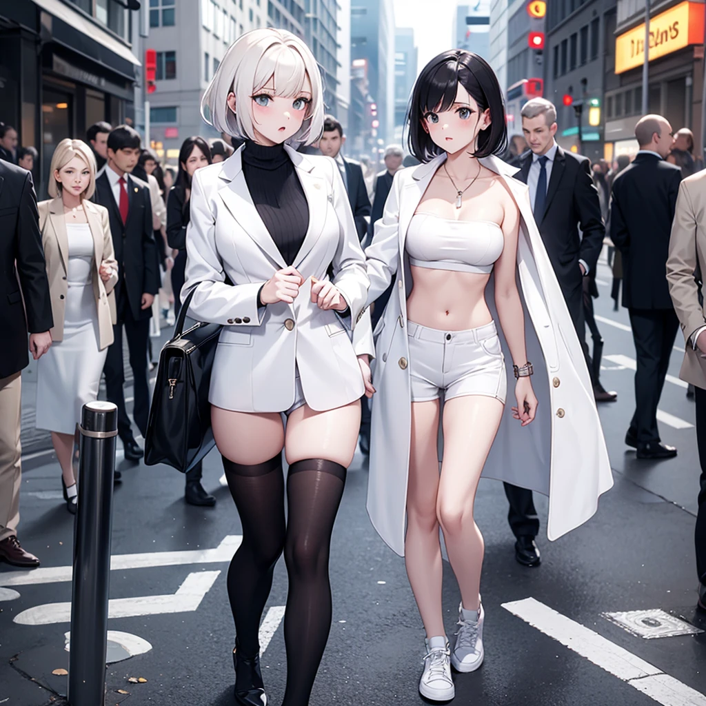 White strapless sports bra,coat,hot pants,On the Street,Large Breasts