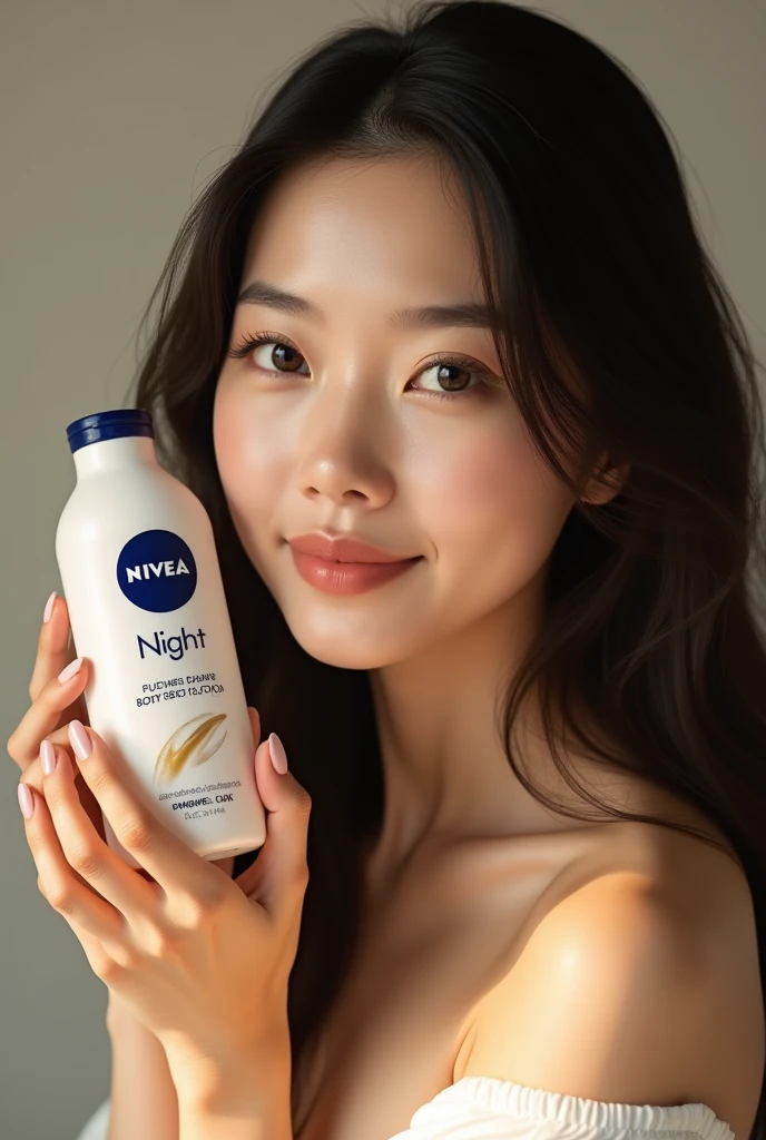 Draw me a beautiful Vietnamese girl holding Nivia night body lotion for review