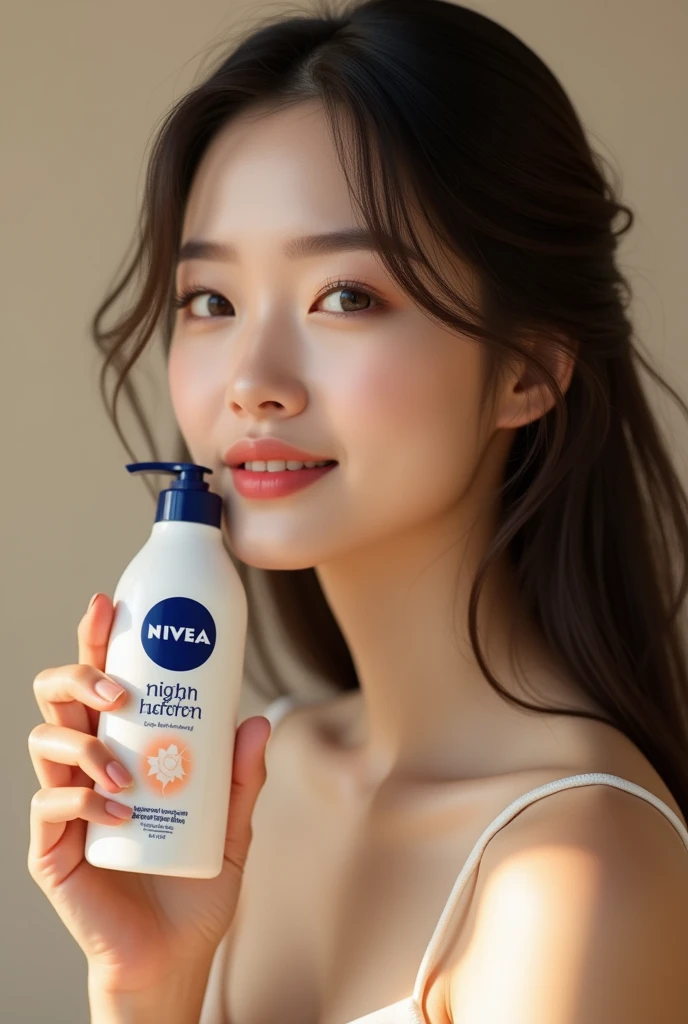 Draw me a beautiful Vietnamese girl holding Nivia night body lotion for review