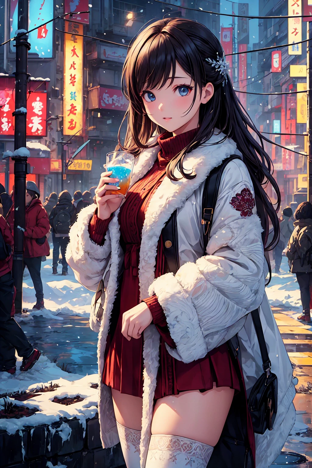 intricate detailed illustration of snowy winter festival in sapporo, beautiful young woman drinking warm beverage, stunning anime-style landscape scene, concept art, widescreen, (best quality,4k,8k,highres,masterpiece:1.2),ultra-detailed,(realistic,photorealistic,photo-realistic:1.37),HDR,UHD,studio lighting,ultra-fine painting,sharp focus,physically-based rendering,extreme detail description,professional,vivid colors,bokeh