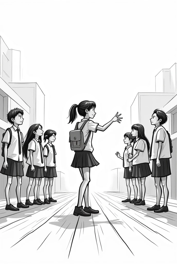 so generate a black and white comics and make it look like it's just sketch using a pen or pencil and the prompt is a girl fighting with her classmates. 
Make the drawing simple like a doodle or something. 